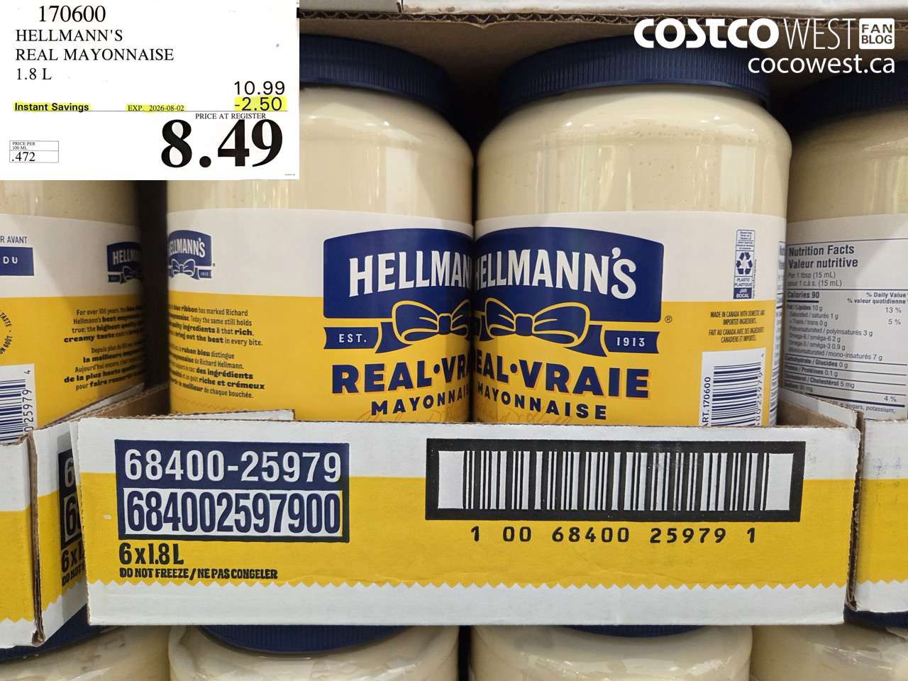 170600 HELLMANN'S REAL MAYONNAISE 1.8 L ($2.50 INSTANT SAVINGS EXPIRES ON 2026-08-02) $8.49