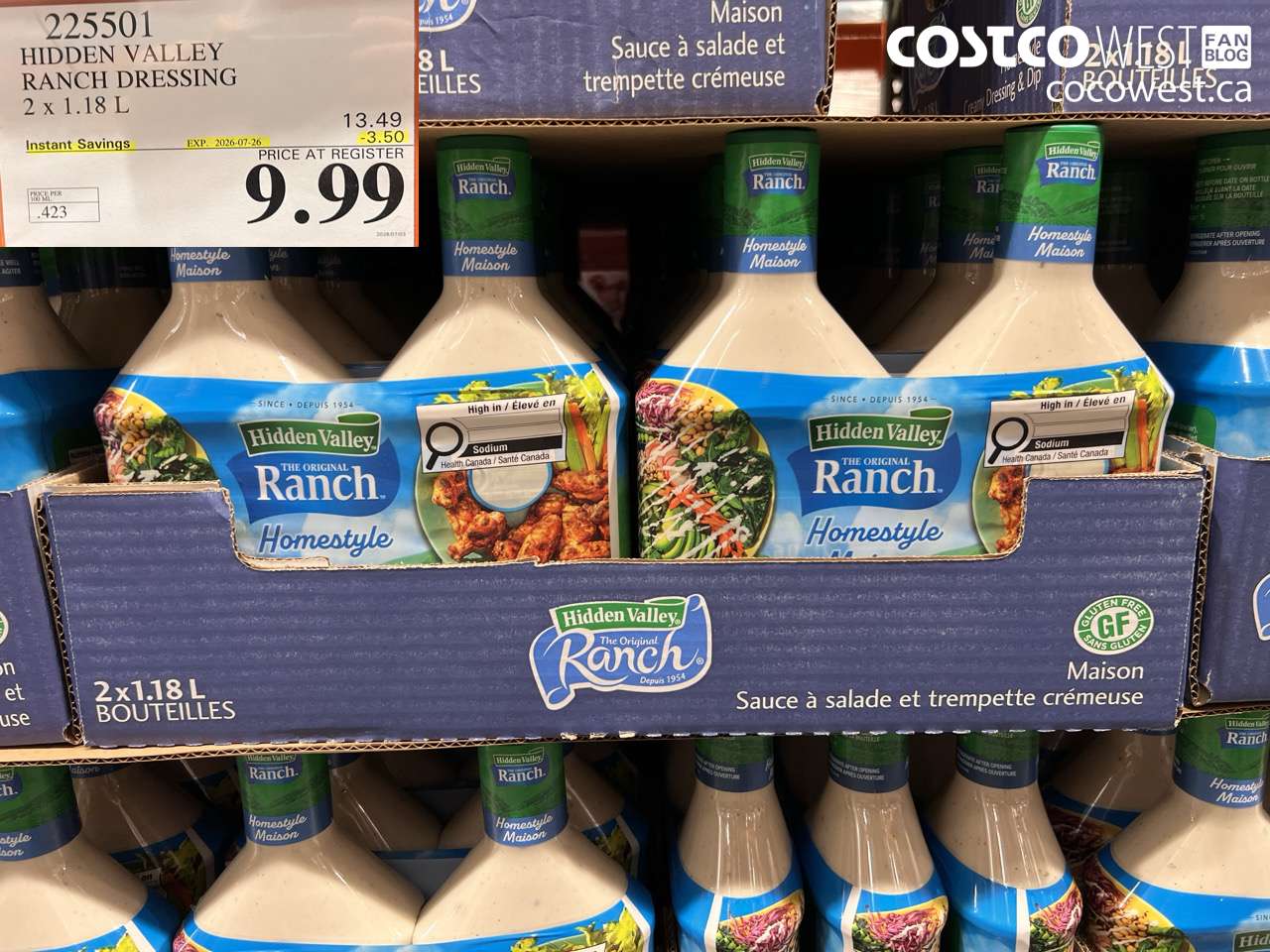 225501 HIDDEN VALLEY RANCH DRESSING 2 X 1.18 L ($3.50 INSTANT SAVINGS EXPIRES ON 2026-07-26) $9.99