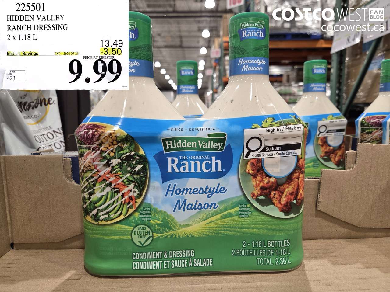 225501 HIDDEN VALLEY RANCH DRESSING 2 X 1.18 L ($3.50 INSTANT SAVINGS EXPIRES ON 2026-07-26) $9.99