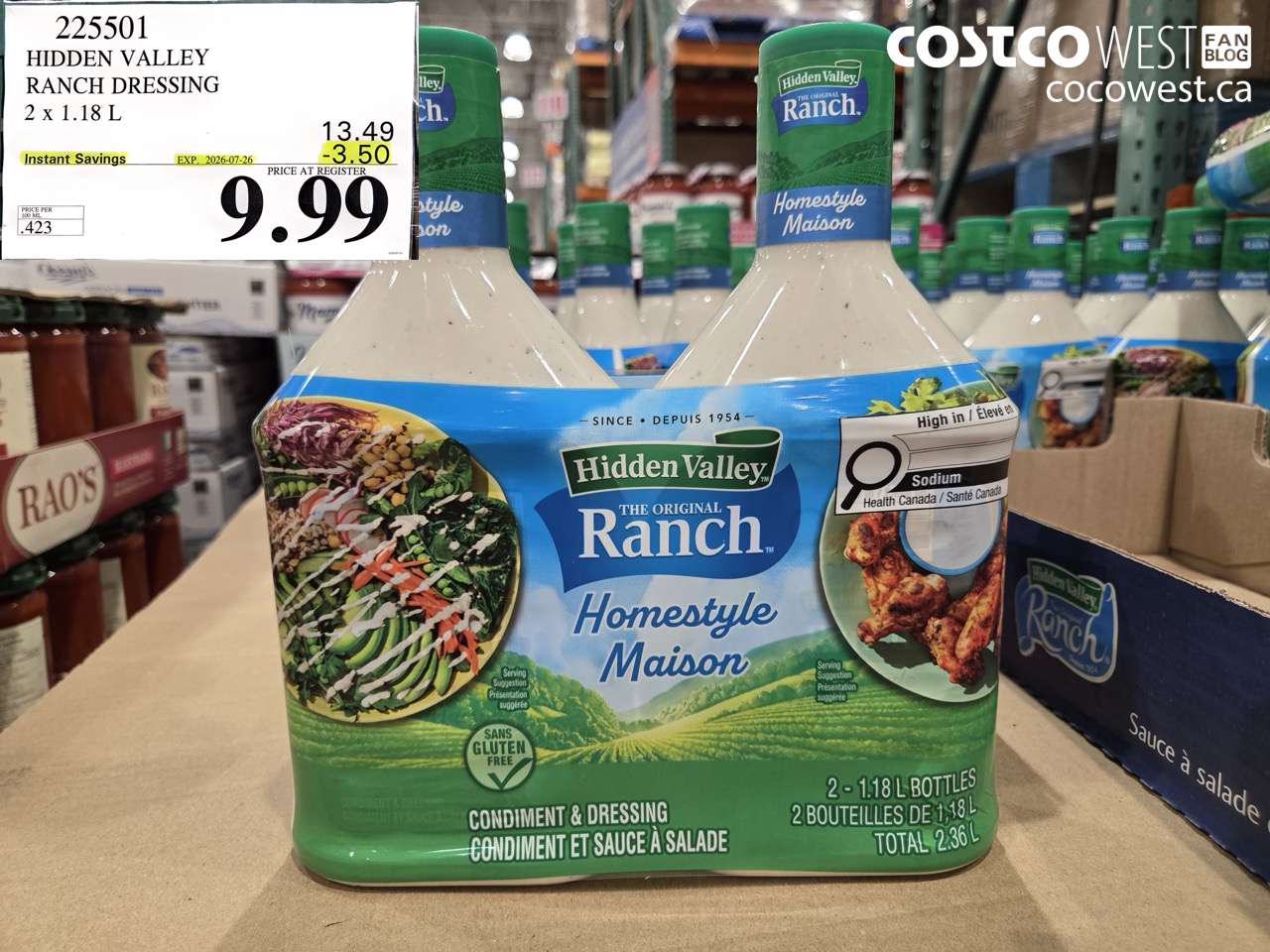 225501 HIDDEN VALLEY RANCH DRESSING 2 X 1.18 L ($3.50 INSTANT SAVINGS EXPIRES ON 2026-07-26) $9.99