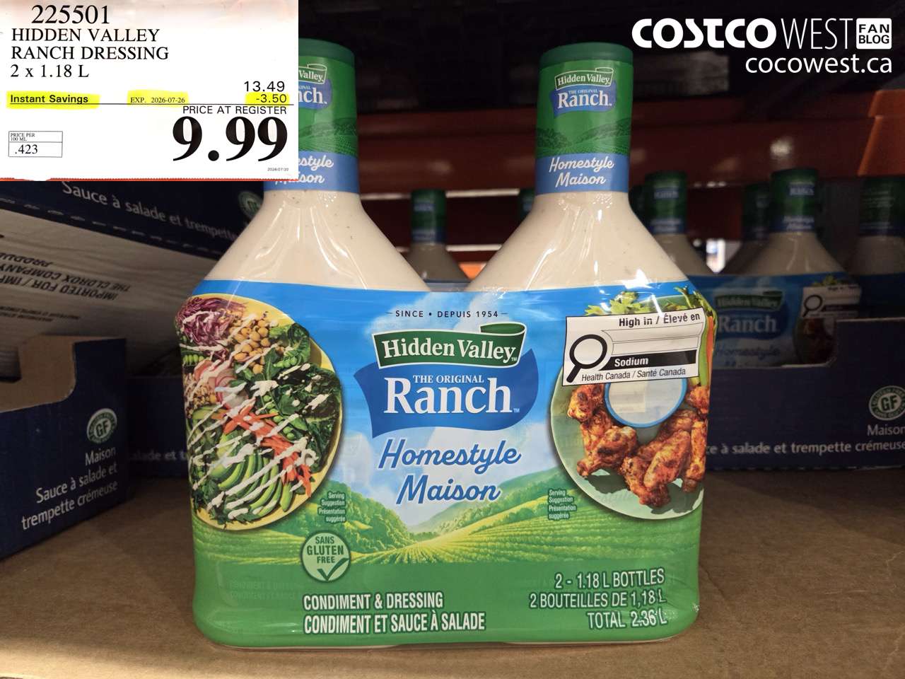 225501 HIDDEN VALLEY RANCH DRESSING 2 X 1.18 L ($3.50 INSTANT SAVINGS EXPIRES ON 2026-07-26) $9.99
