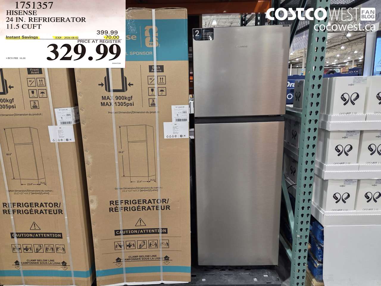 1751357 HISENSE 24 IN. REFRIGERATOR 11.5 CUFT ($70.00 INSTANT SAVINGS EXPIRES ON 2026-08-02) $329.99