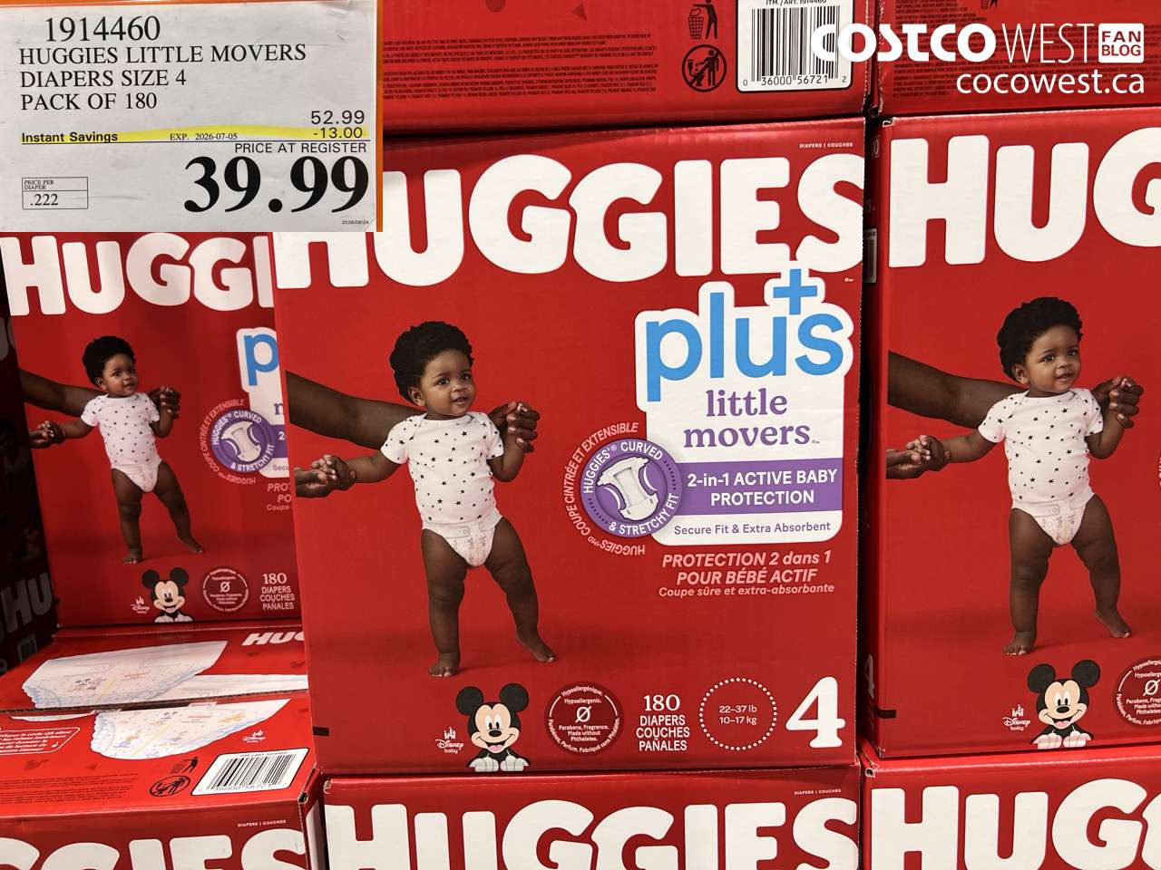 1914460 HUGGIES LITTLE MOVERS DIAPERS SIZE 4 PACK OF 180 ($13.00 INSTANT SAVINGS EXPIRES ON 2026-07-05) $39.99