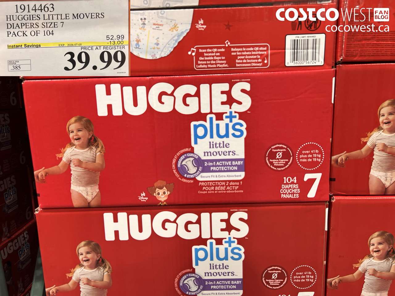 1914463 HUGGIES LITTLE MOVERS DIAPERS SIZE 7 PACK OF 104 ($13.00 INSTANT SAVINGS EXPIRES ON 2026-07-05) $39.99