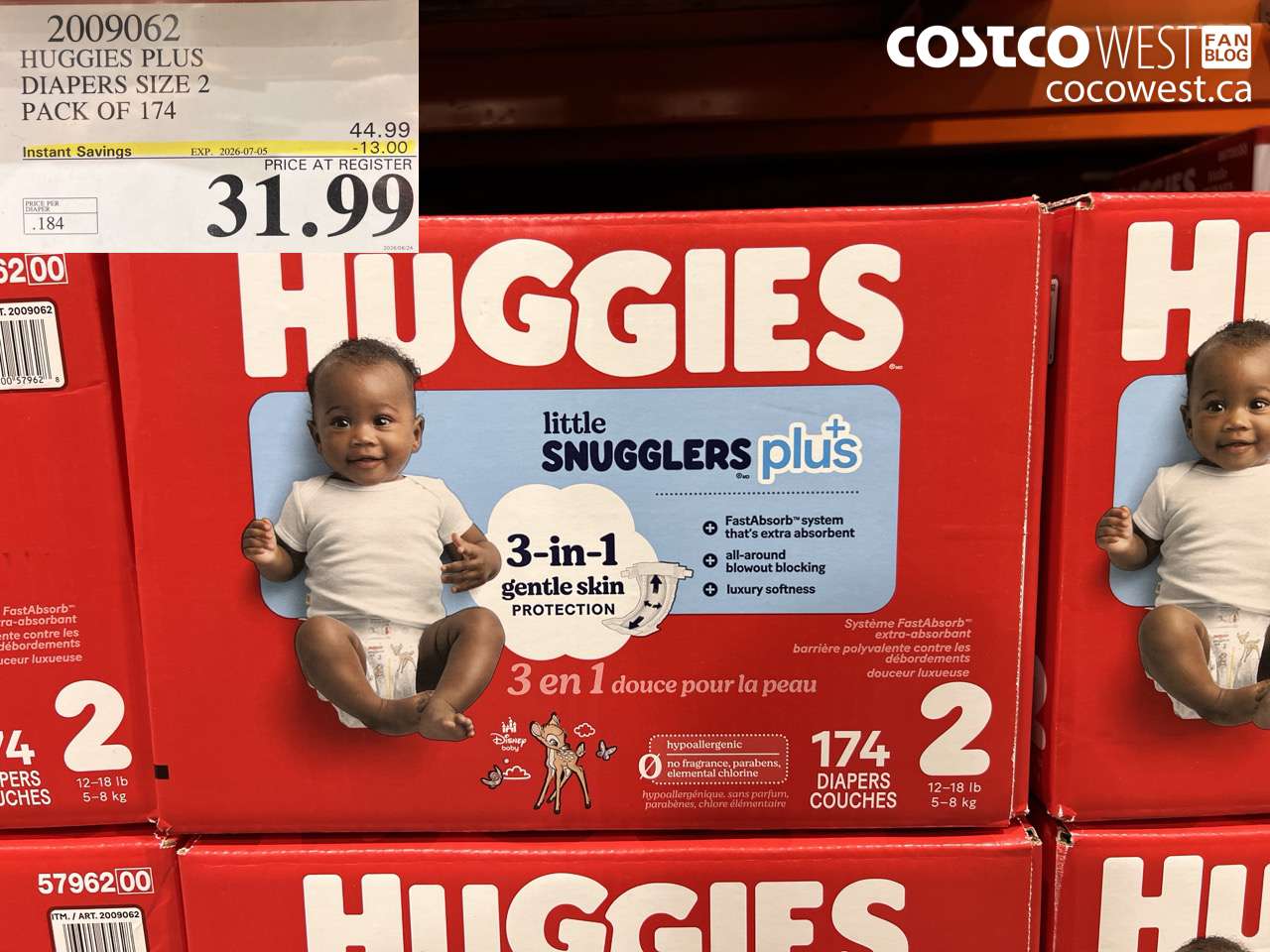 2009062 HUGGIES PLUS DIAPERS SIZE 2 PACK OF 174 ($13.00 INSTANT SAVINGS EXPIRES ON 2026-07-05) $31.99