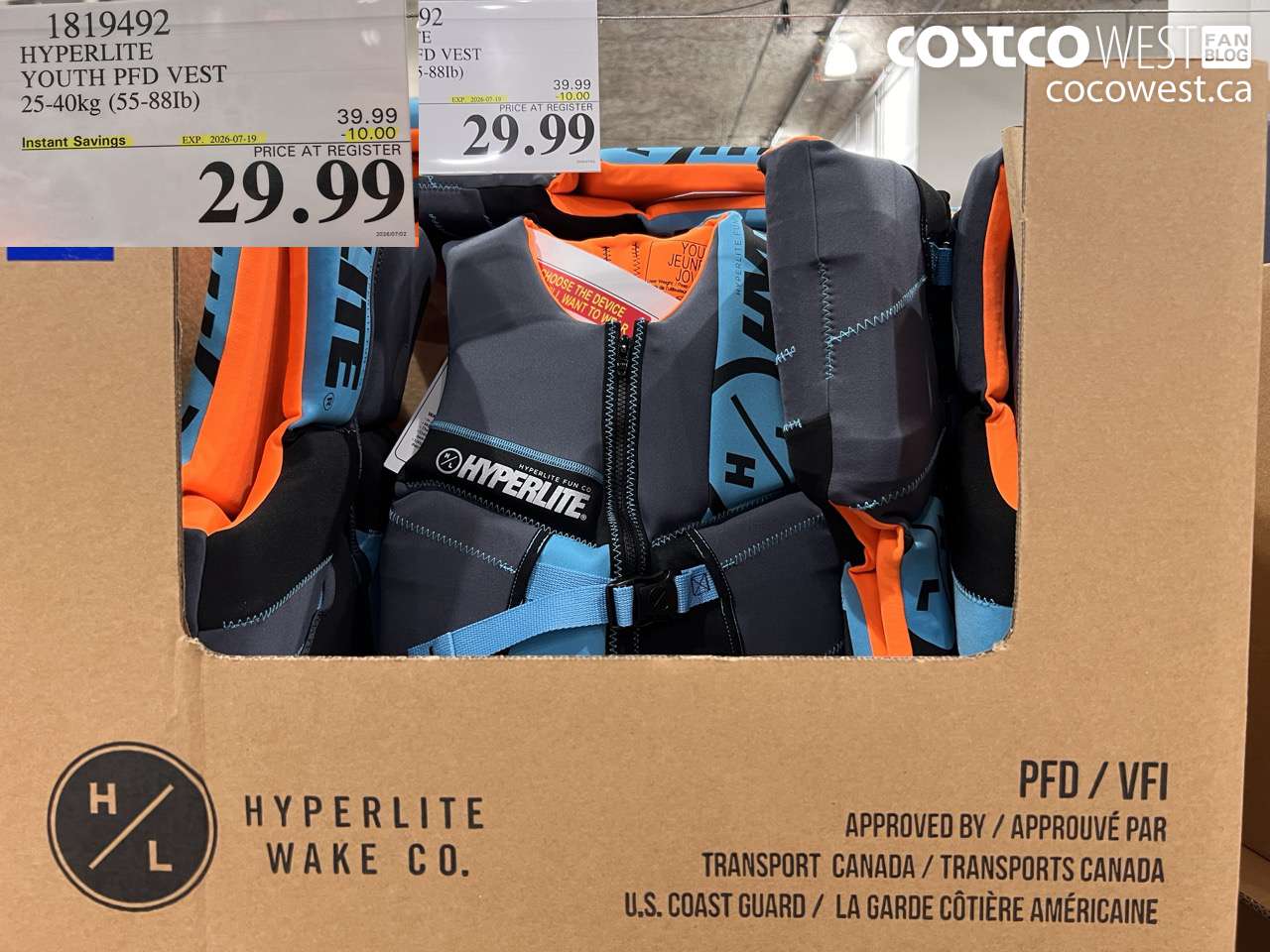 1819492 HYPERLITE YOUTH PFD VEST 25-40KG (55-88LB) ($10.00 INSTANT SAVINGS EXPIRES ON 2026-07-19) $29.99