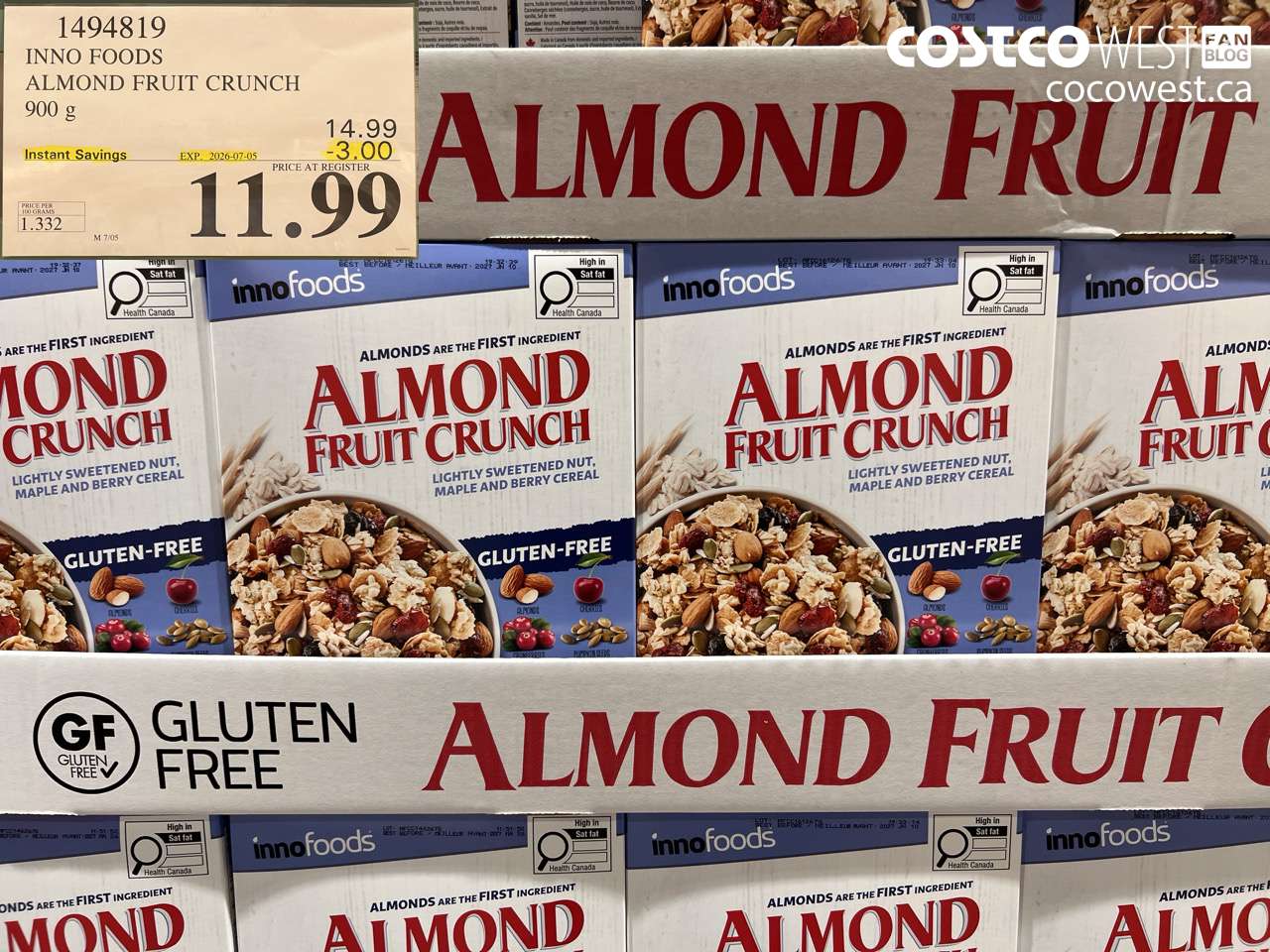 1494819 INNO FOODS ALMOND FRUIT CRUNCH 900 G ($3.00 INSTANT SAVINGS EXPIRES ON 2026-07-05) $11.99