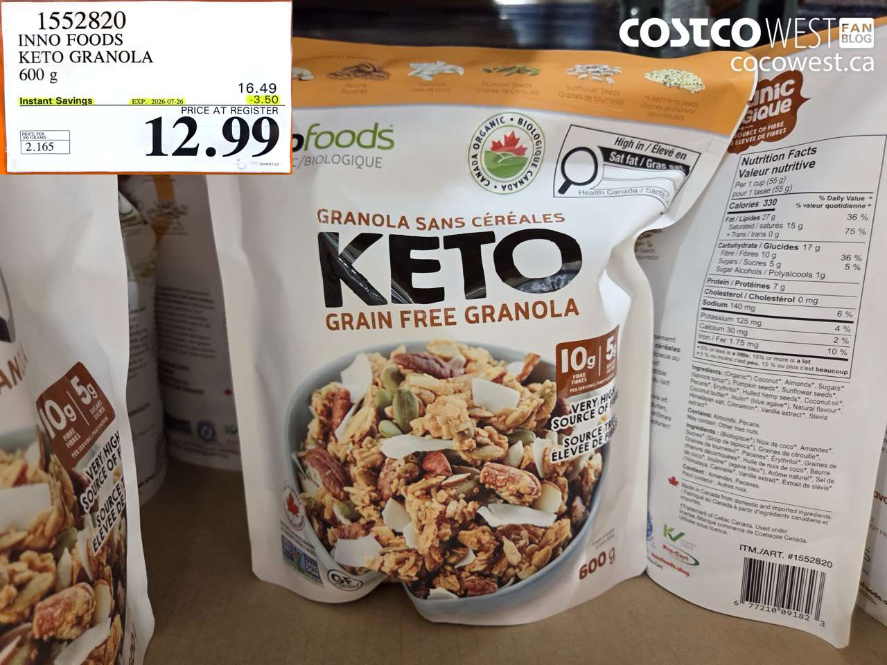 1552820 INNO FOODS KETO GRANOLA 600 G ($3.50 INSTANT SAVINGS EXPIRES ON 2026-07-26) $12.99