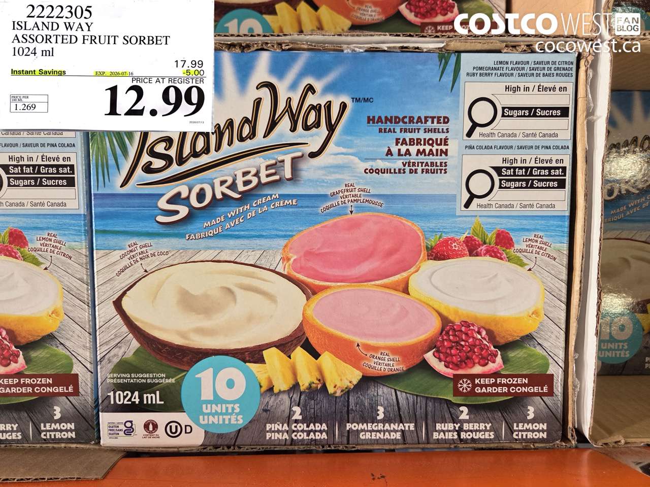 2222305 ISLAND WAY ASSORTED FRUIT SORBET 1024 ML ($5.00 INSTANT SAVINGS EXPIRES ON 2026-07-16) $12.99