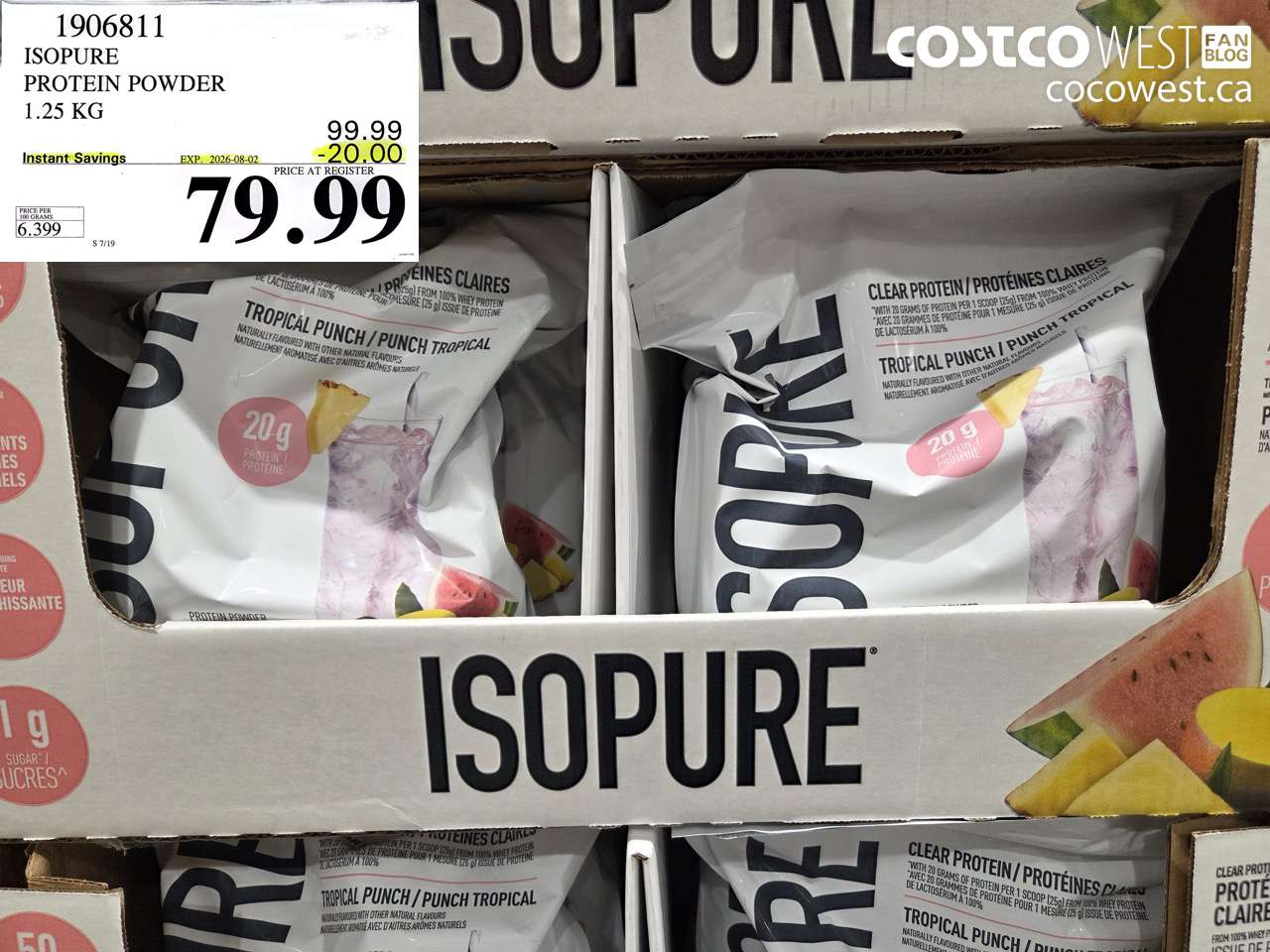1906811 ISOPURE PROTEIN POWDER 1.25 KG ($20.00 INSTANT SAVINGS EXPIRES ON 2026-08-02) $79.99