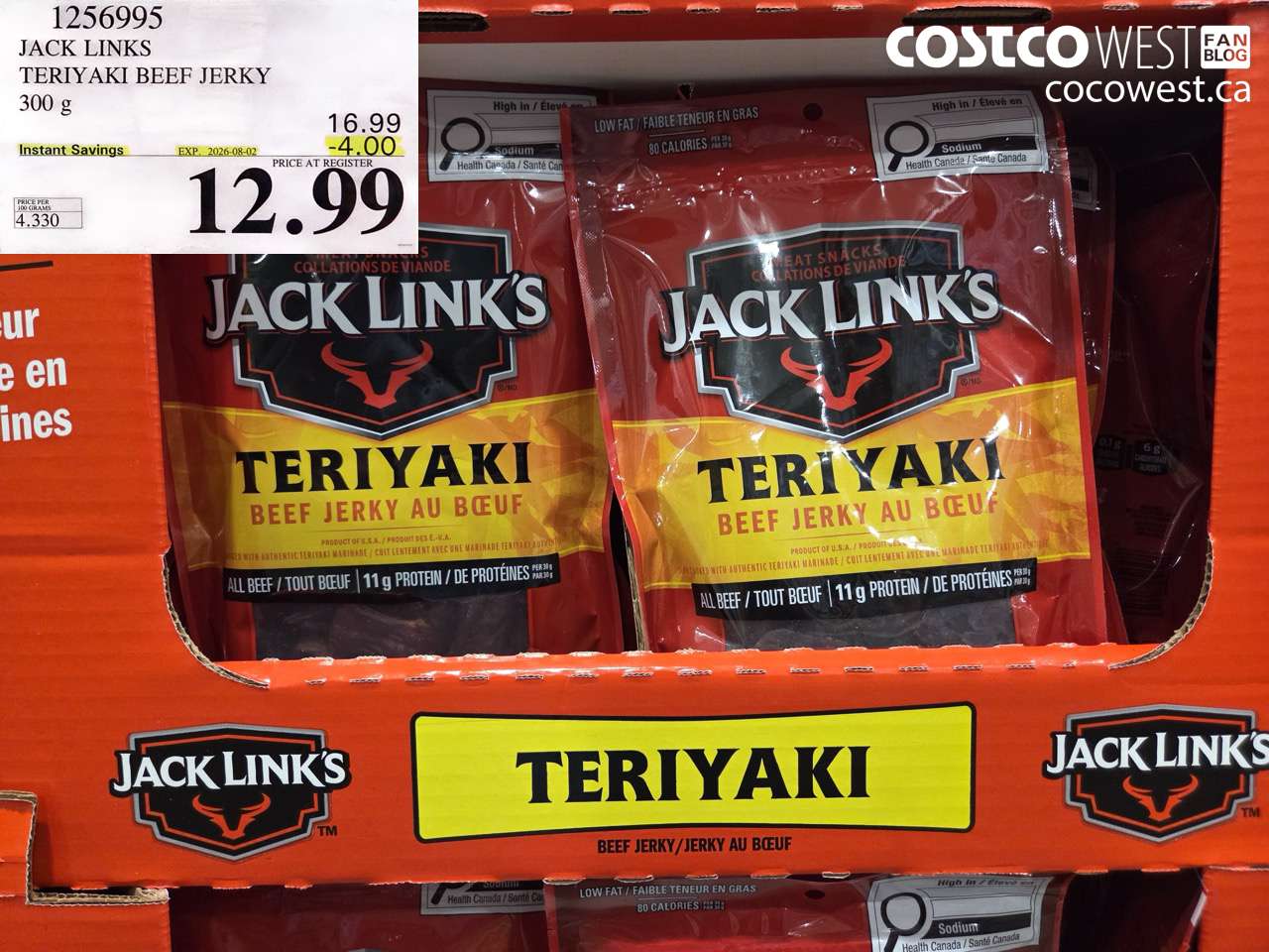 1256995 JACK LINKS TERIYAKI BEEF JERKY 300 G ($4.00 INSTANT SAVINGS EXPIRES ON 2026-08-02) $12.99