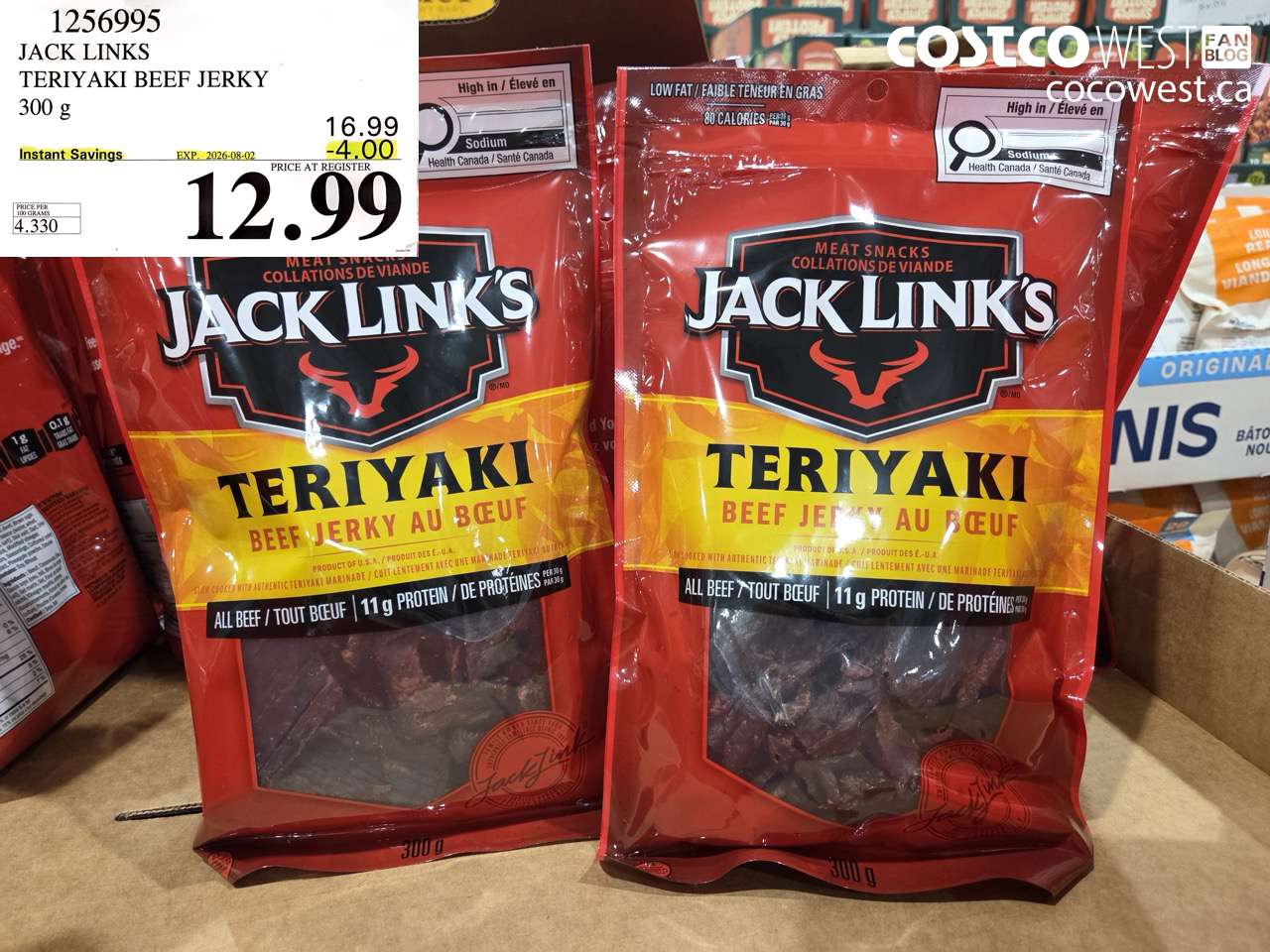 1256995 JACK LINKS TERIYAKI BEEF JERKY 300 G ($4.00 INSTANT SAVINGS EXPIRES ON 2026-08-02) $12.99