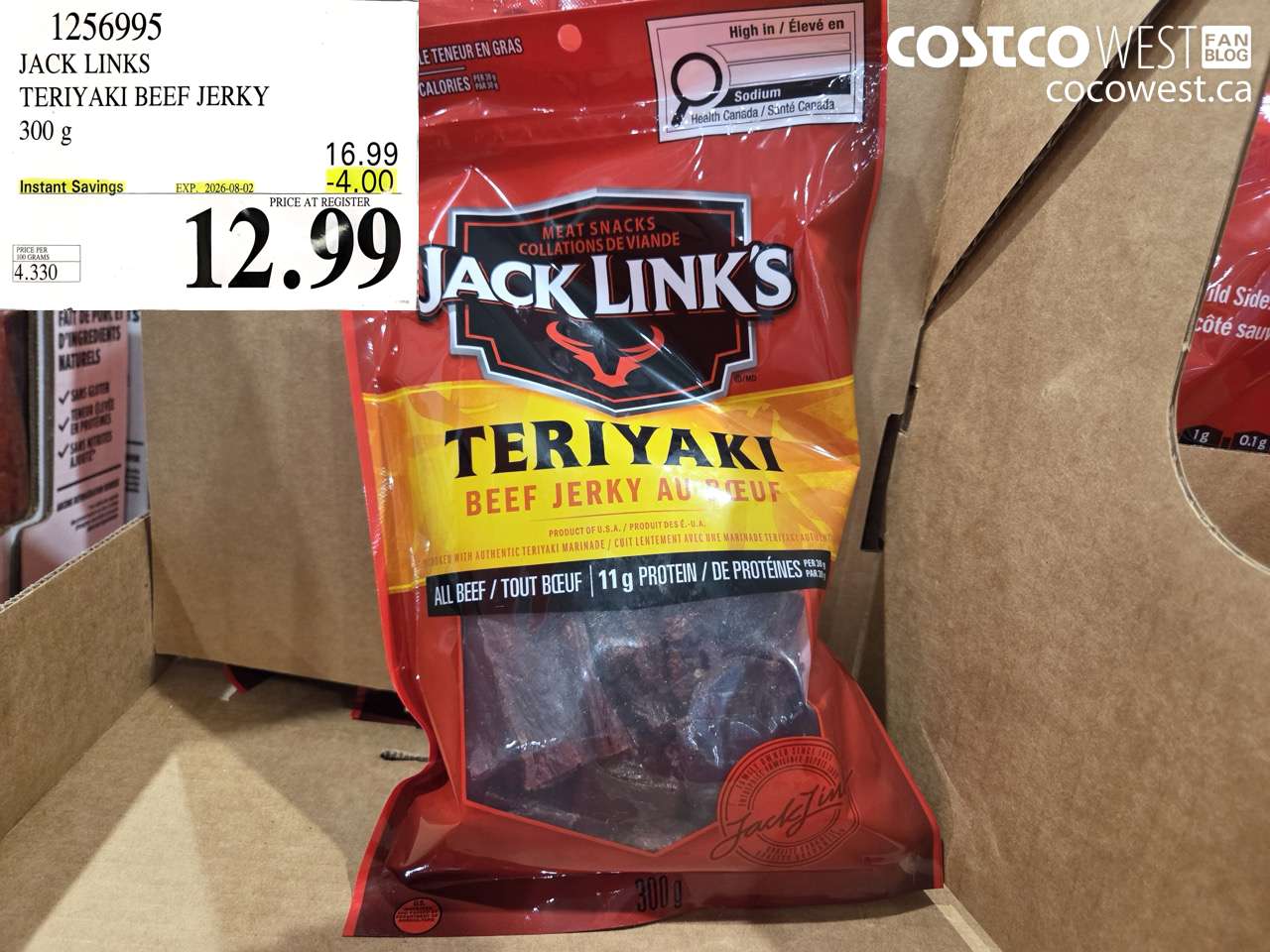 1256995 JACK LINKS TERIYAKI BEEF JERKY 300 G ($4.00 INSTANT SAVINGS EXPIRES ON 2026-08-02) $12.99