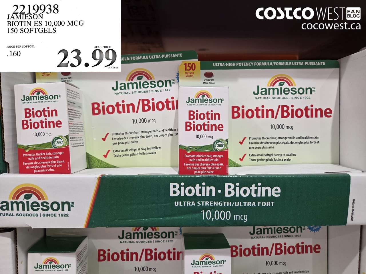 2219938 JAMIESON BIOTIN ES 10,000 MCG 150 SOFTGELS $23.99