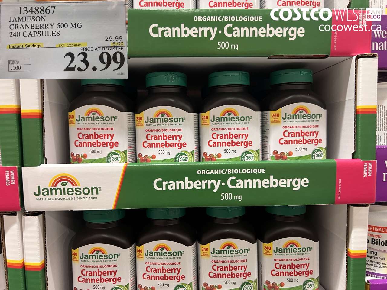 1348867 JAMIESON CRANBERRY 500 MG 240 CAPSULES ($6.00 INSTANT SAVINGS EXPIRES ON 2026-07-05) $23.99
