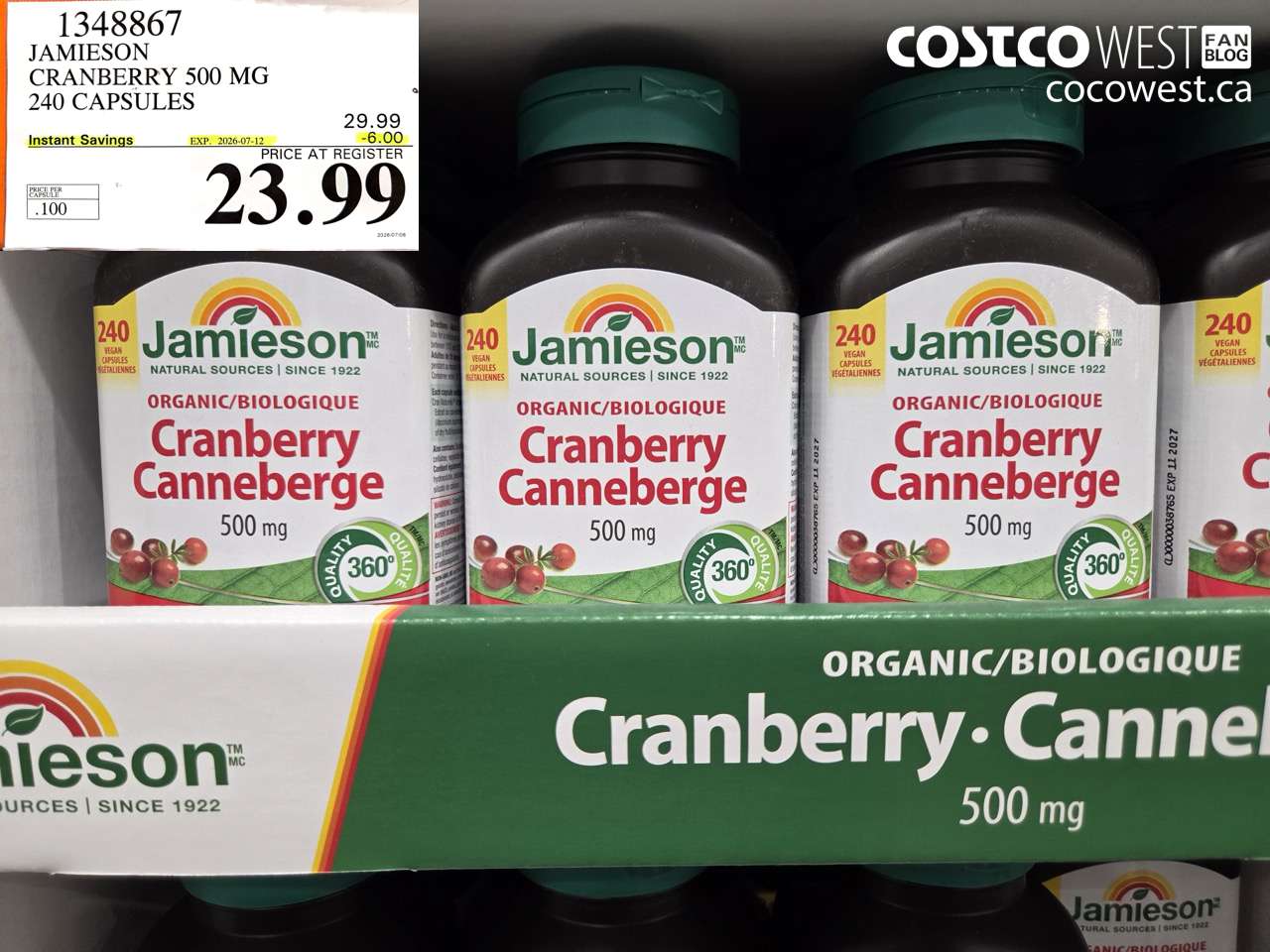 1348867 JAMIESON CRANBERRY 500 MG 240 CAPSULES ($6.00 INSTANT SAVINGS EXPIRES ON 2026-07-12) $23.99
