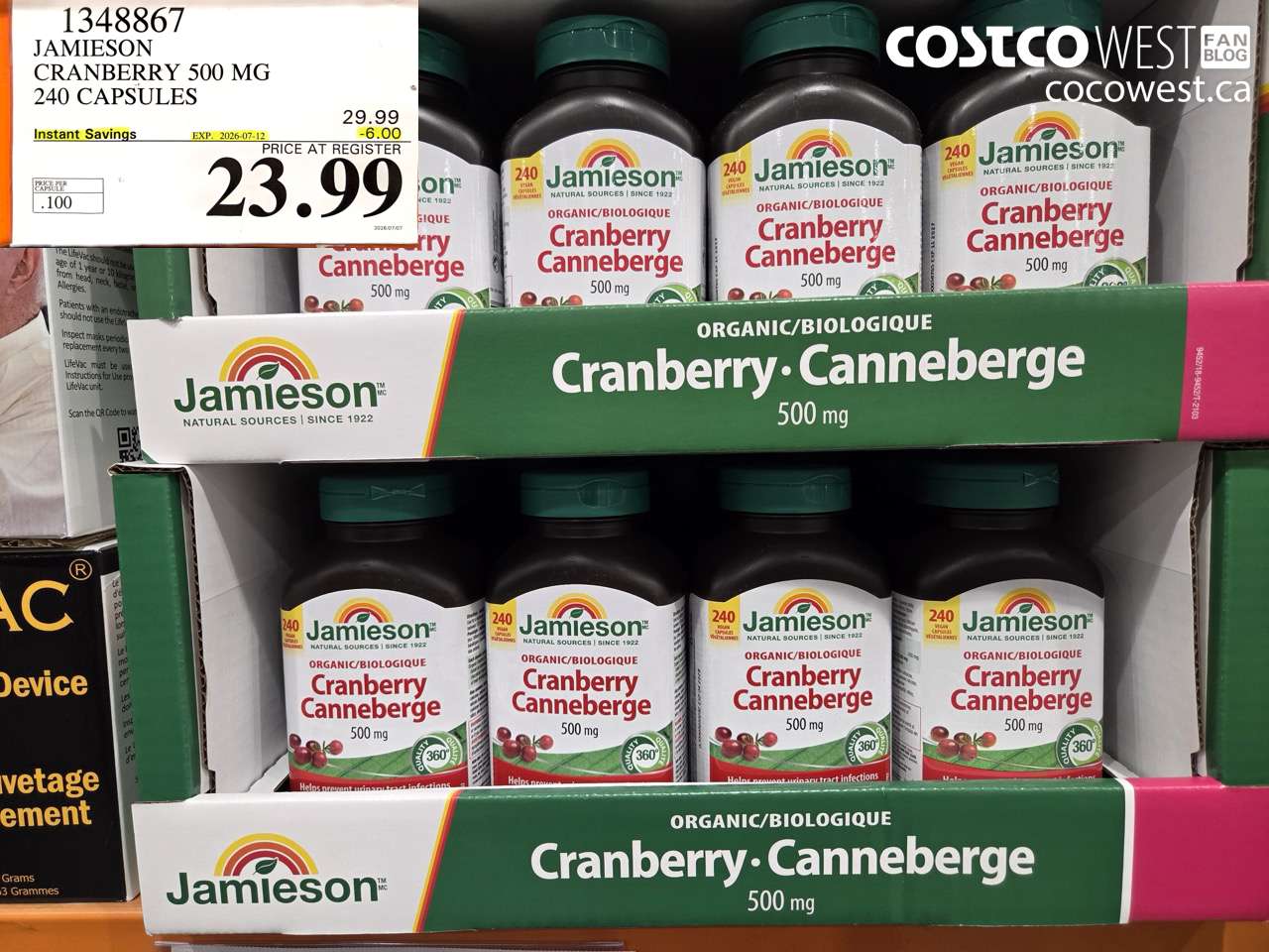 1348867 JAMIESON CRANBERRY 500 MG 240 CAPSULES ($6.00 INSTANT SAVINGS EXPIRES ON 2026-07-12) $23.99