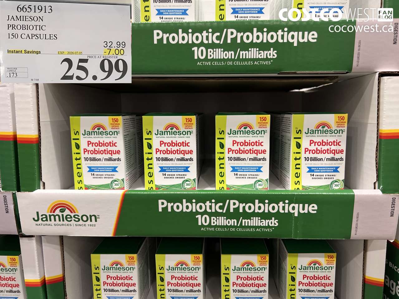 6651913 JAMIESON PROBIOTIC 150 CAPSULES ($7.00 INSTANT SAVINGS EXPIRES ON 2026-07-05) $25.99