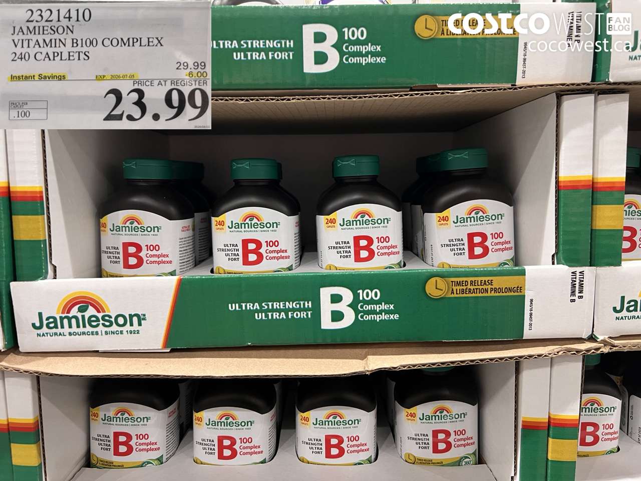 2321410 JAMIESON VITAMIN B100 COMPLEX 240 CAPLETS ($6.00 INSTANT SAVINGS EXPIRES ON 2026-07-05) $23.99