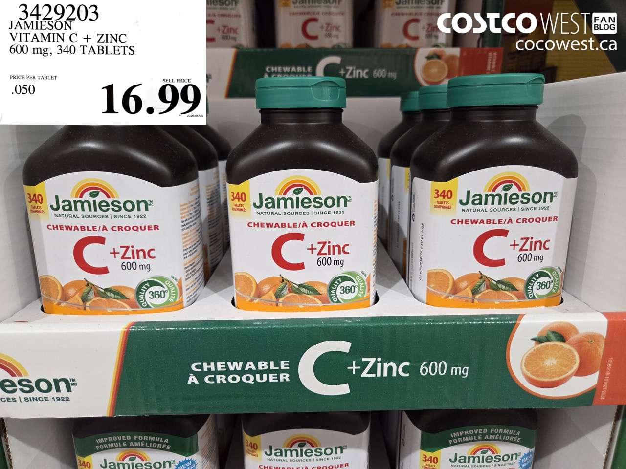 3429203 JAMIESON VITAMIN C + ZINC 600 MG, 340 TABLETS $16.99