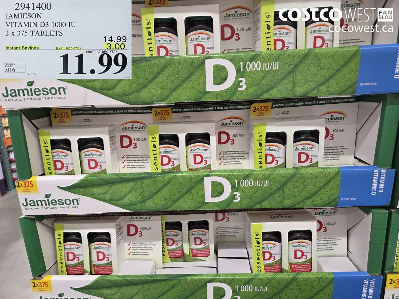 2941400 JAMIESON VITAMIN D3 1000 IU 2 X 375 TABLETS ($3.00 INSTANT SAVINGS EXPIRES ON 2026-07-19) $11.99