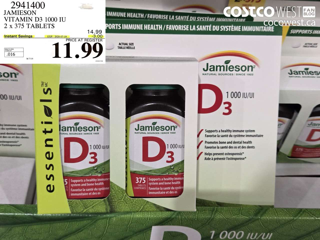2941400 JAMIESON VITAMIN D3 1000 IU 2 X 375 TABLETS ($3.00 INSTANT SAVINGS EXPIRES ON 2026-07-19) $11.99