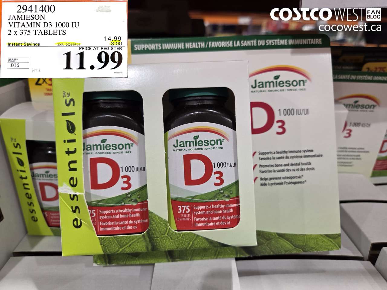 2941400 JAMIESON VITAMIN D3 1000 IU 2 X 375 TABLETS ($3.00 INSTANT SAVINGS EXPIRES ON 2026-07-19) $11.99