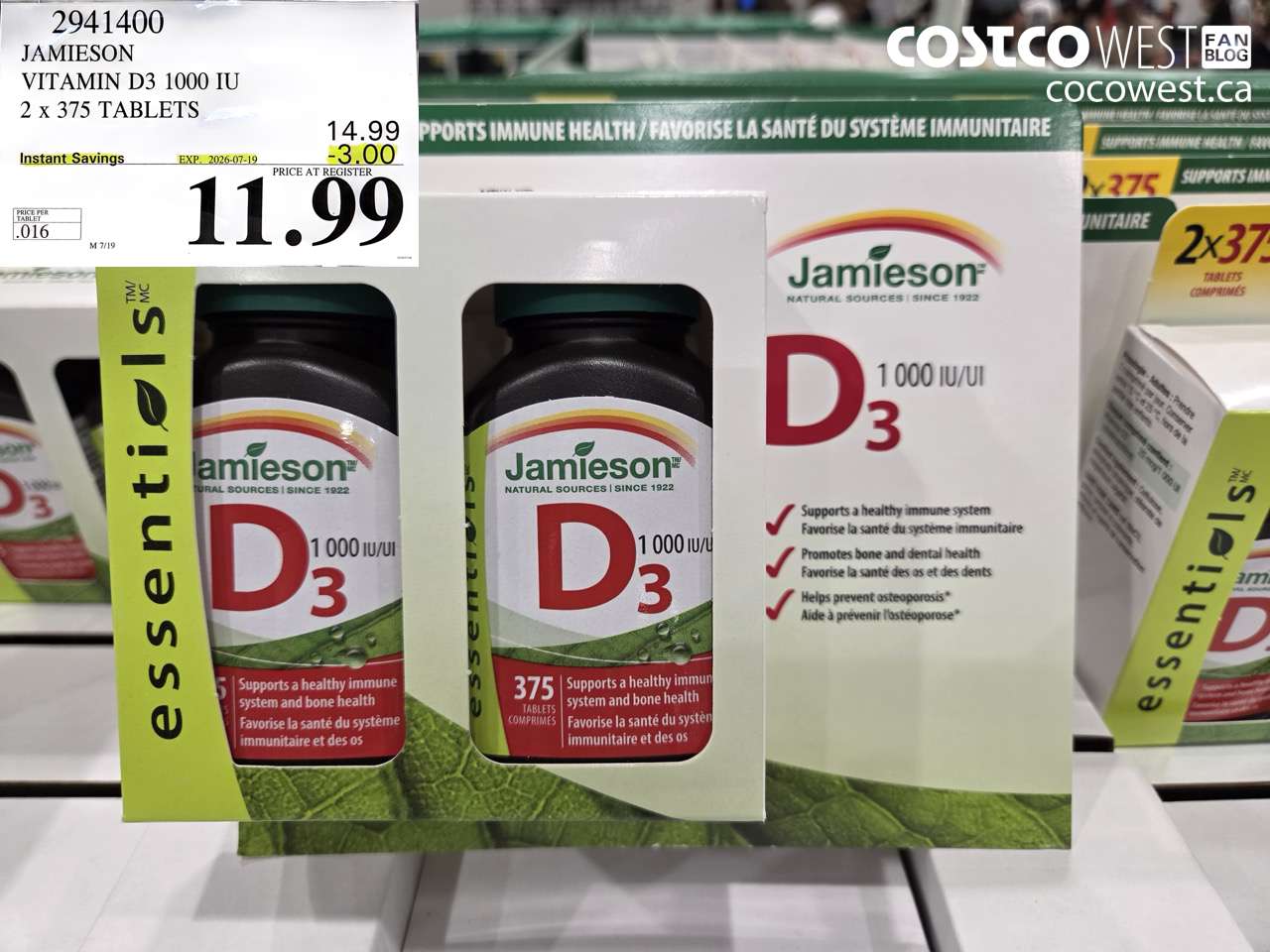 2941400 JAMIESON VITAMIN D3 1000 IU 2 X 375 TABLETS ($3.00 INSTANT SAVINGS EXPIRES ON 2026-07-19) $11.99