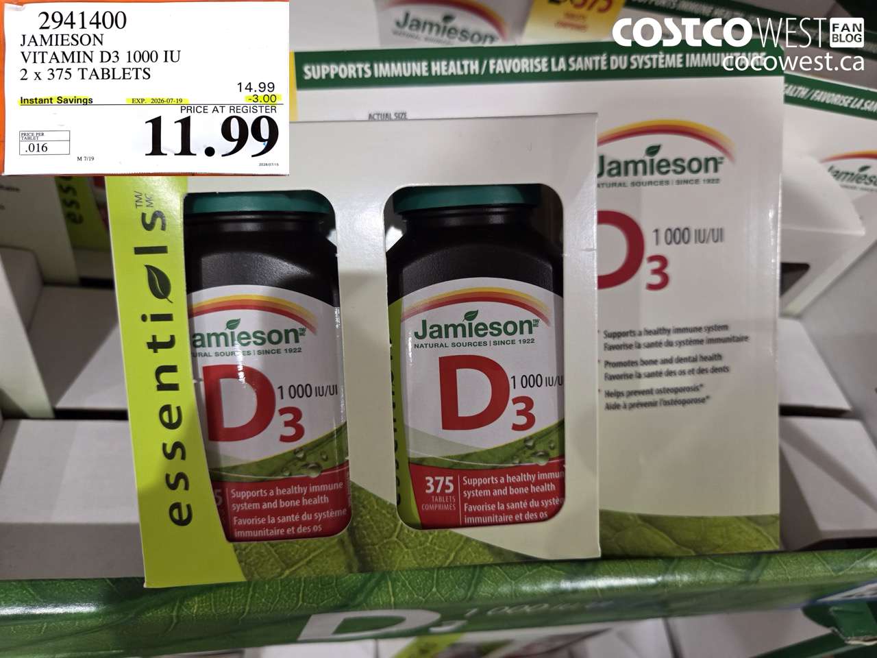 2941400 JAMIESON VITAMIN D3 1000 IU 2 X 375 TABLETS ($3.00 INSTANT SAVINGS EXPIRES ON 2026-07-19) $11.99