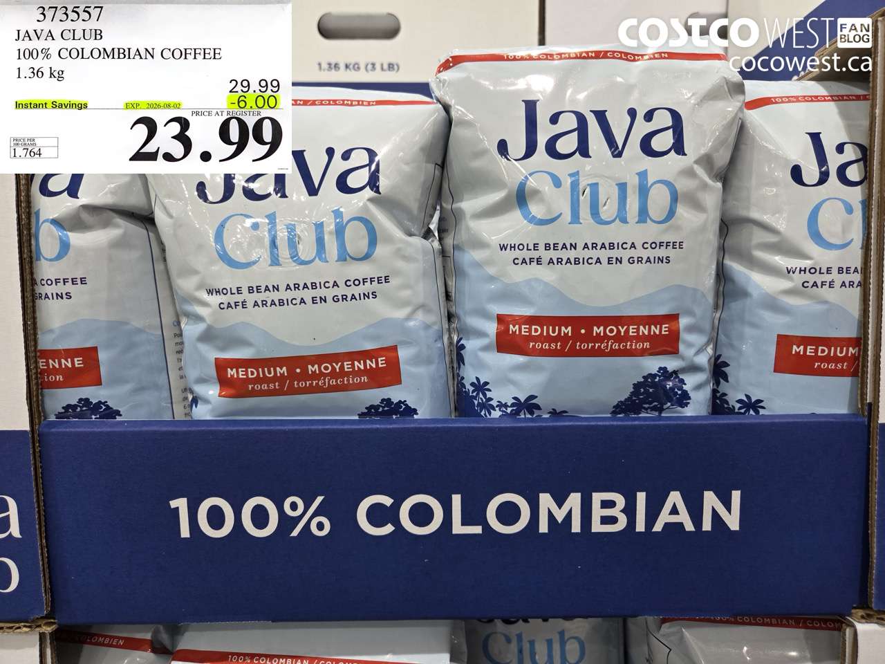 373557 JAVA CLUB 100% COLOMBIAN COFFEE 1.36 KG ($6.00 INSTANT SAVINGS EXPIRES ON 2026-08-02) $23.99