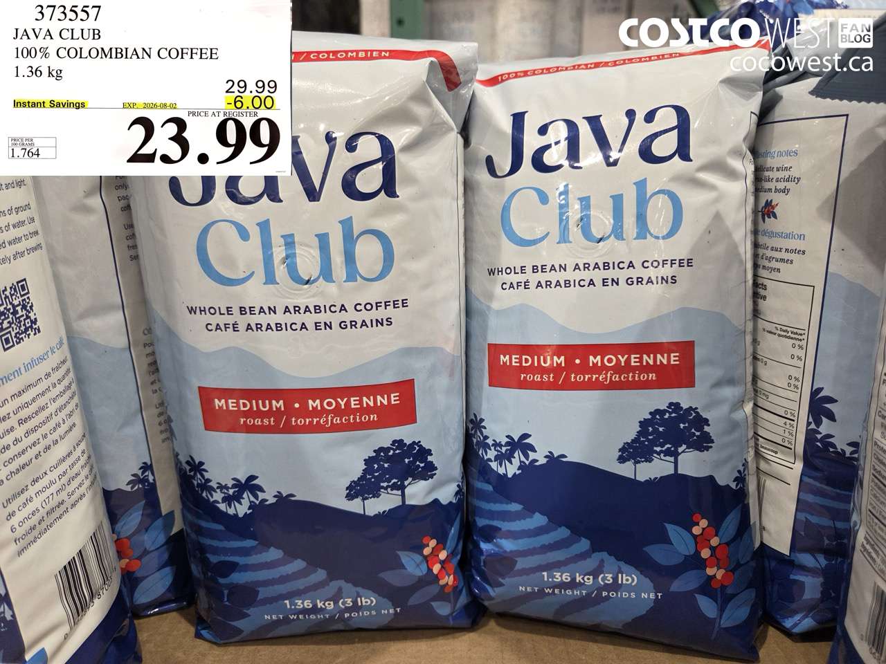 373557 JAVA CLUB 100% COLOMBIAN COFFEE 1.36 KG ($6.00 INSTANT SAVINGS EXPIRES ON 2026-08-02) $23.99