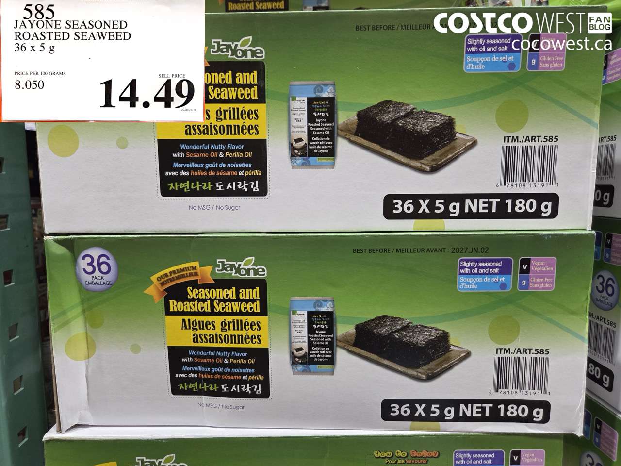 585 JAYONE SEASONED ROASTED SEAWEED 36 X 5 G $14.49
