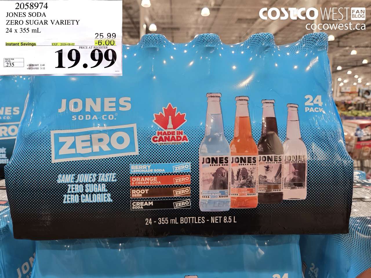 2058974 JONES SODA ZERO SUGAR VARIETY 24 X 355 ML ($6.00 INSTANT SAVINGS EXPIRES ON 2026-08-02) $19.99