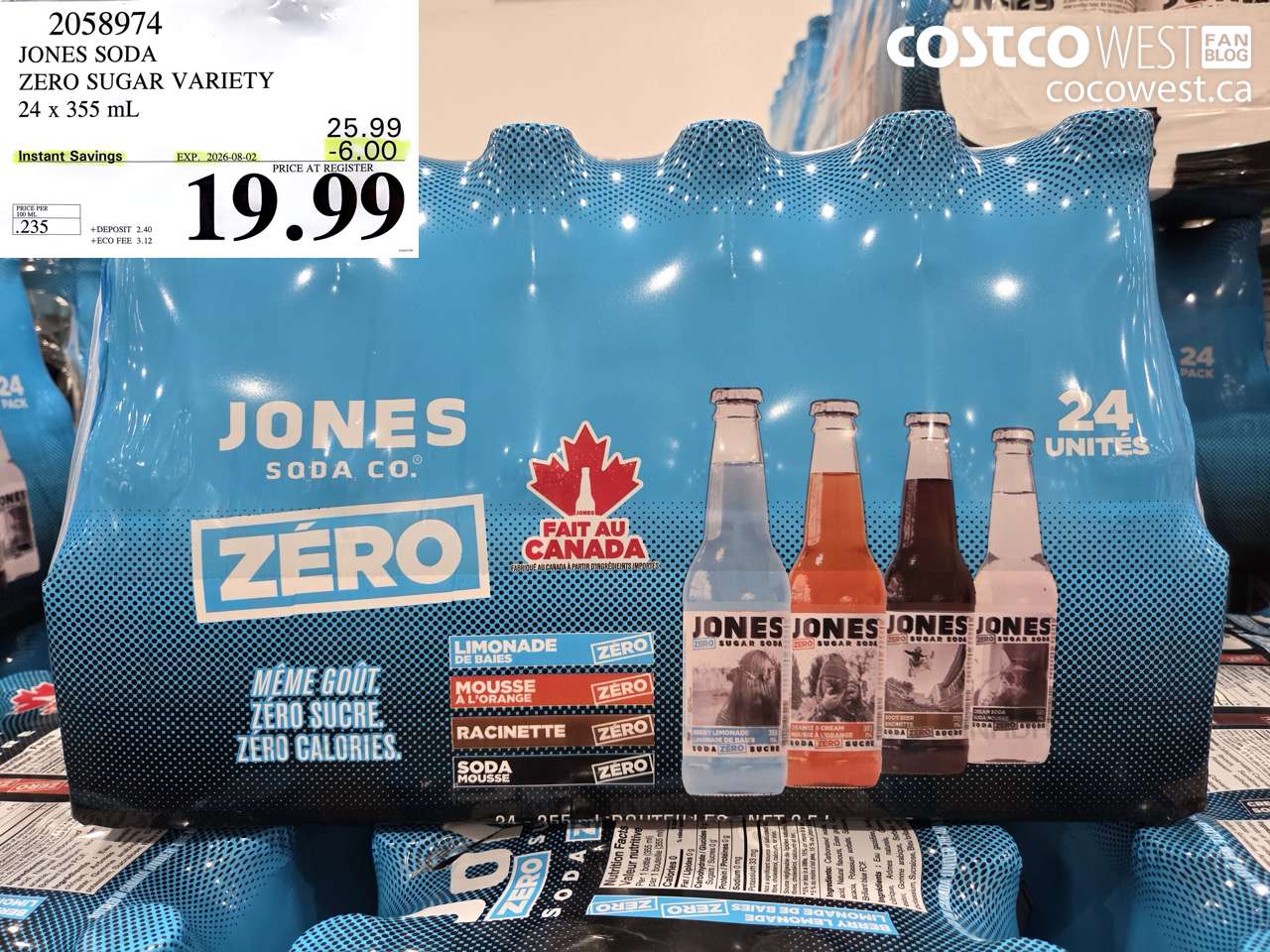 2058974 JONES SODA ZERO SUGAR VARIETY 24 X 355 ML ($6.00 INSTANT SAVINGS EXPIRES ON 2026-08-02) $19.99