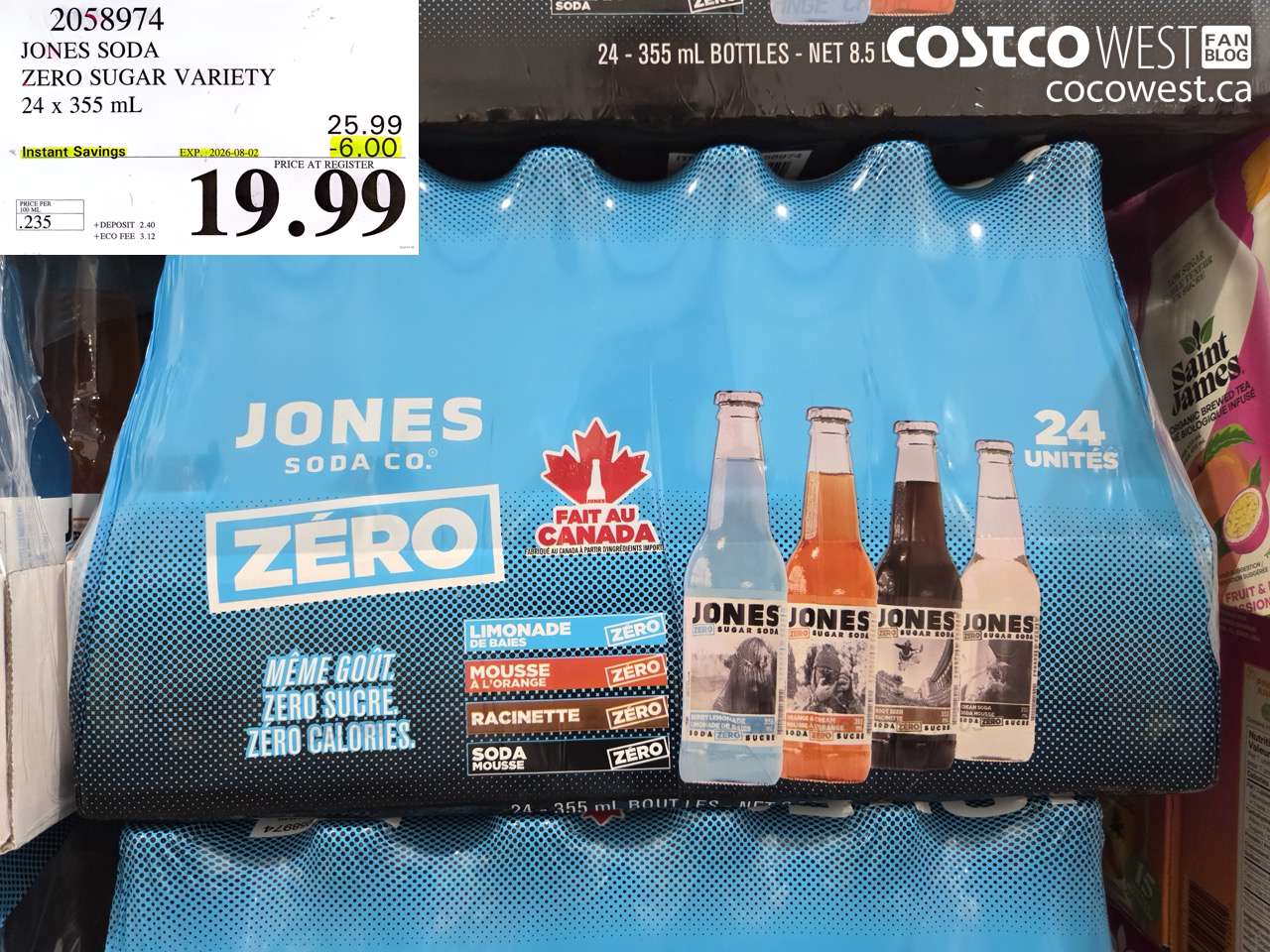 2058974 JONES SODA ZERO SUGAR VARIETY 24 X 355 ML ($6.00 INSTANT SAVINGS EXPIRES ON 2026-08-02) $19.99
