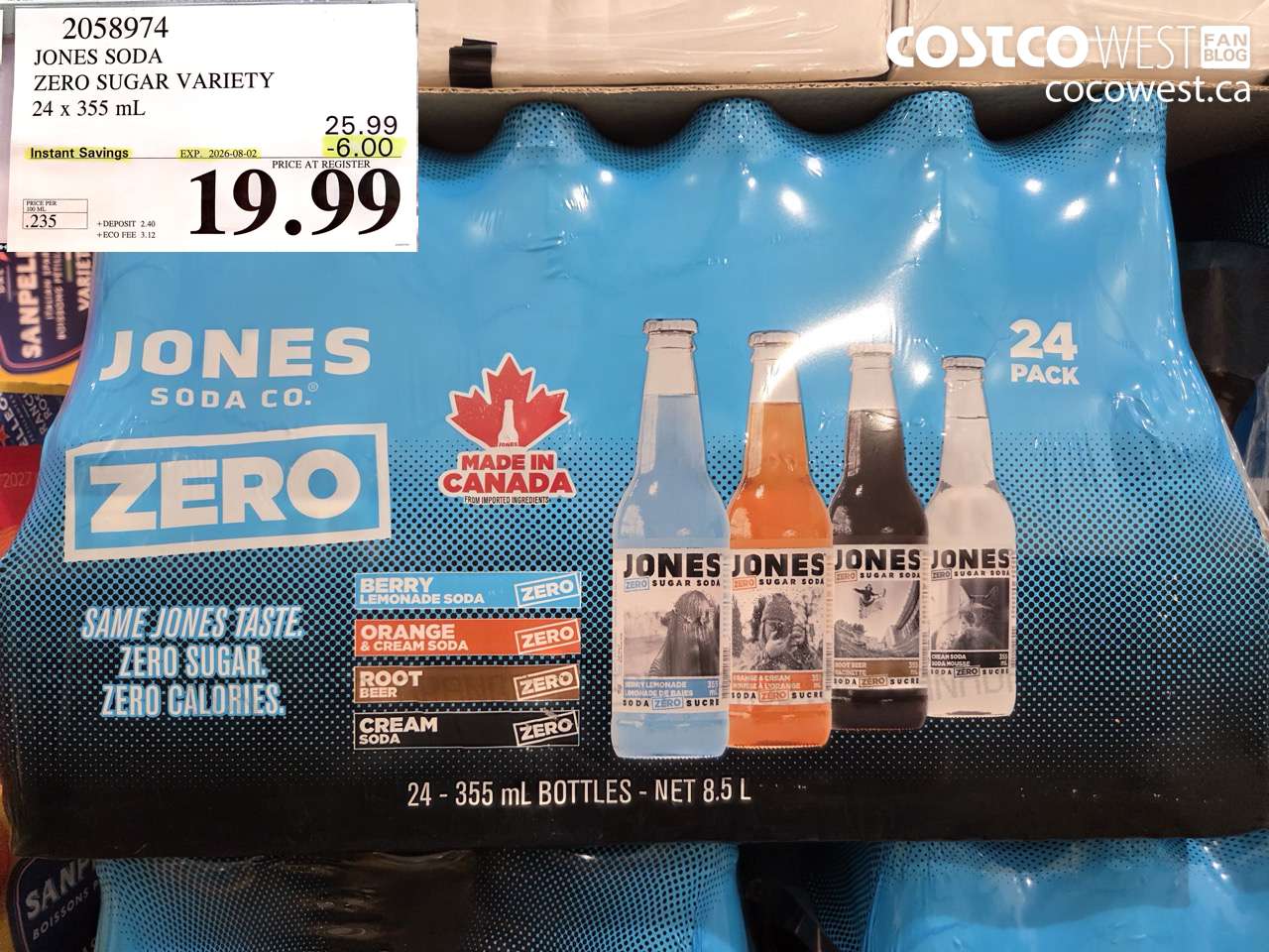 2058974 JONES SODA ZERO SUGAR VARIETY 24 X 355 ML ($6.00 INSTANT SAVINGS EXPIRES ON 2026-08-02) $19.99