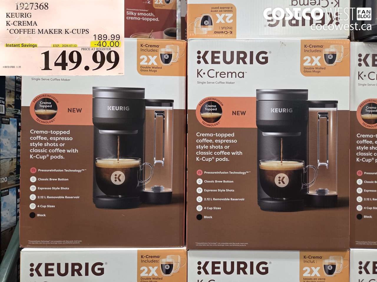 1927368 KEURIG K-CREMA COFFEE MAKER K-CUPS ($40.00 INSTANT SAVINGS EXPIRES ON 2026-07-12) $149.99