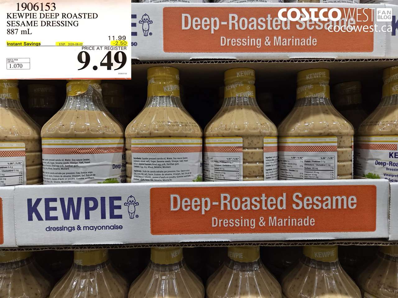 1906153 KEWPIE DEEP ROASTED SESAME DRESSING 887 ML ($2.50 INSTANT SAVINGS EXPIRES ON 2026-08-02) $9.49