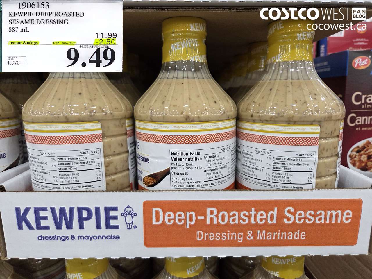 1906153 KEWPIE DEEP ROASTED SESAME DRESSING 887 ML ($2.50 INSTANT SAVINGS EXPIRES ON 2026-08-02) $9.49