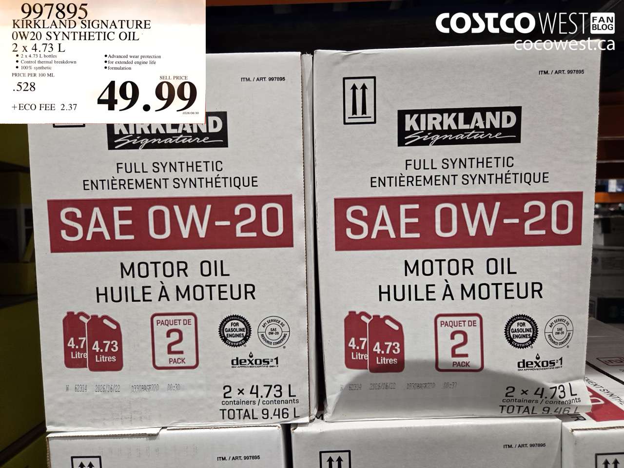 997895 KIRKLAND SIGNATURE 0W20 SYNTHETIC OIL 2 X 4.73 L $49.99