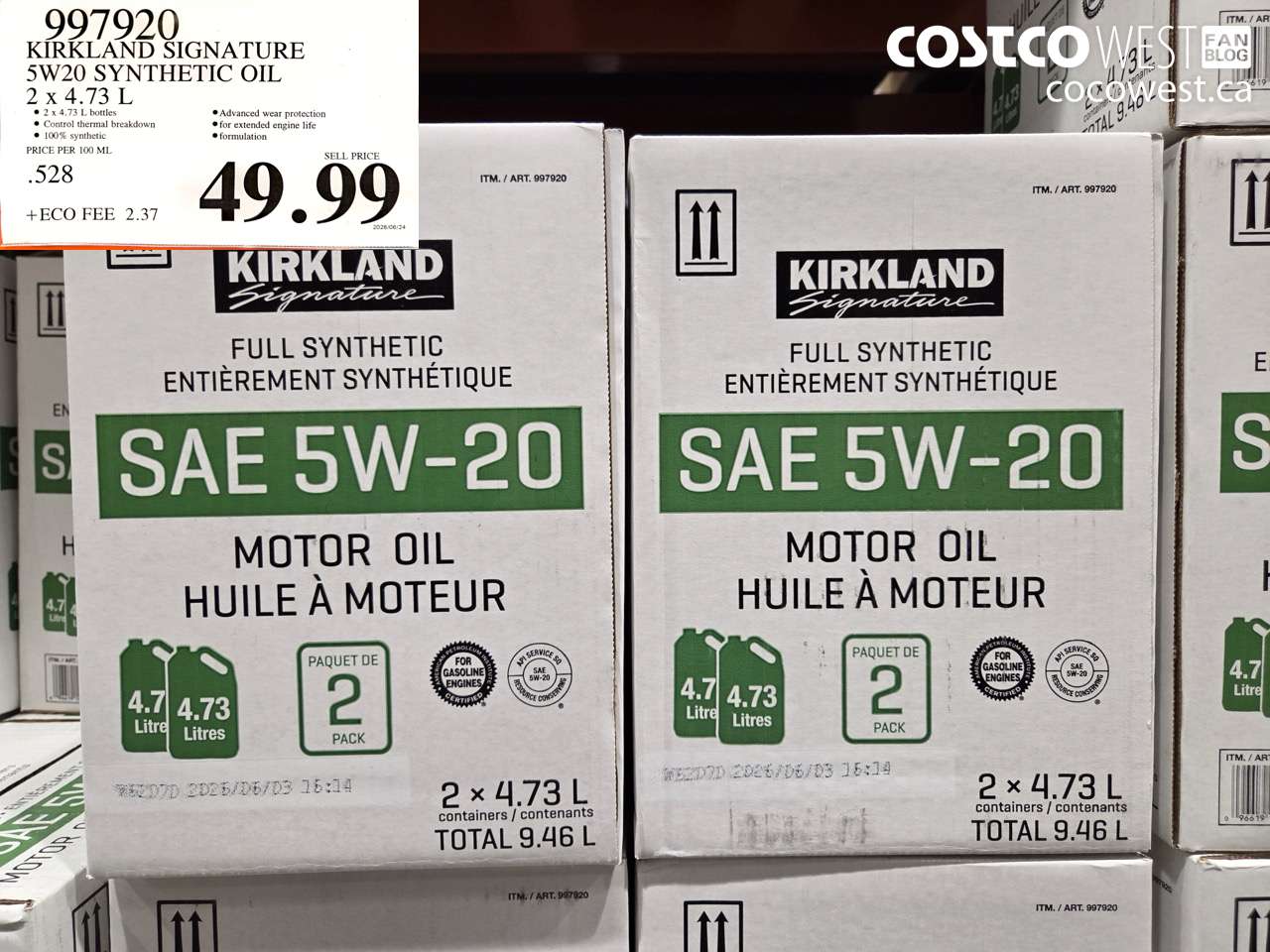 997920 KIRKLAND SIGNATURE 5W20 SYNTHETIC OIL 2 X 4.73 L $49.99
