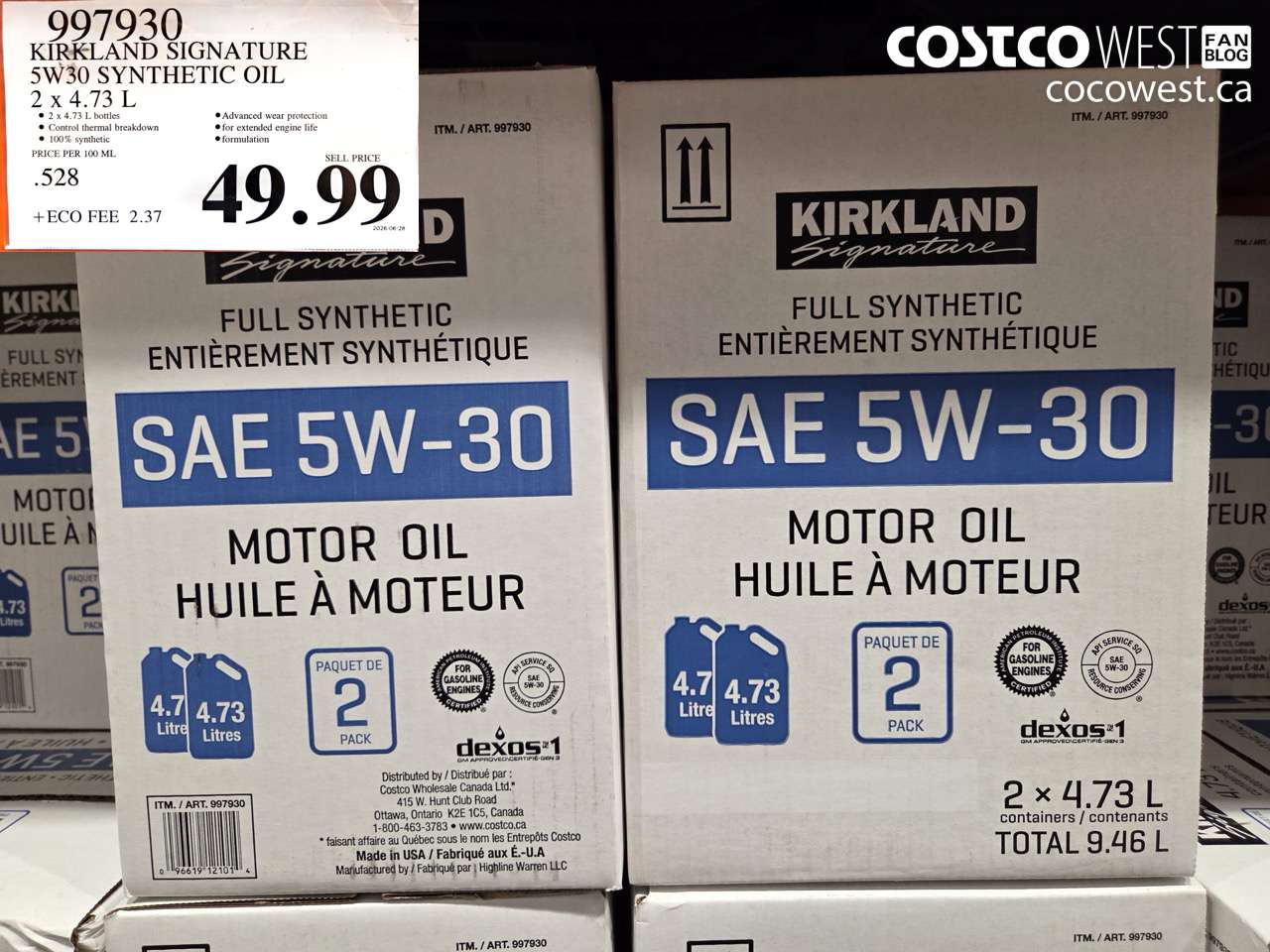 997930 KIRKLAND SIGNATURE 5W30 SYNTHETIC OIL 2 X 4.73 L $49.99
