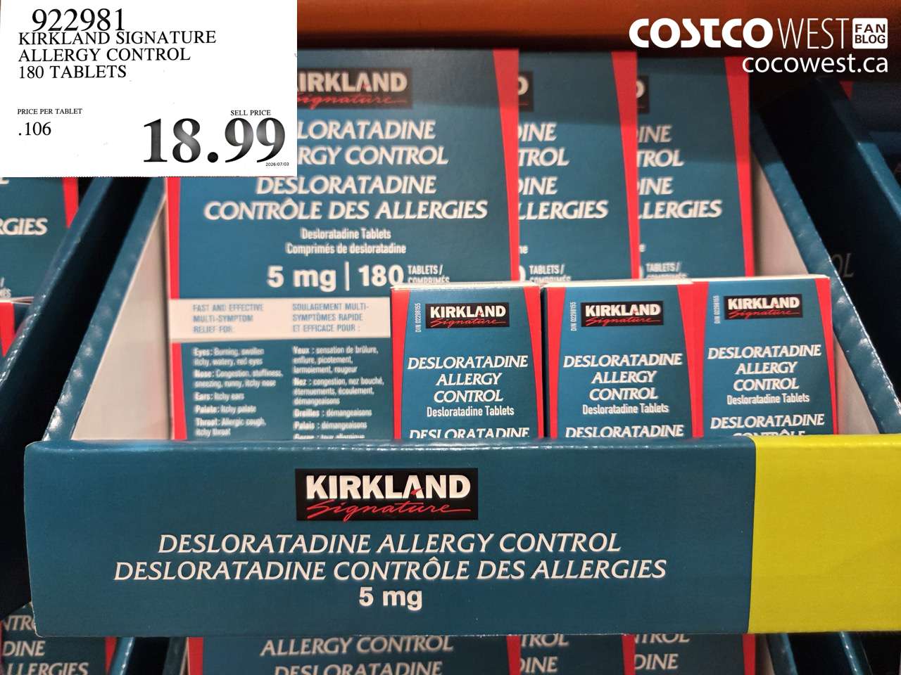 922981 KIRKLAND SIGNATURE ALLERGY CONTROL 180 TABLETS $18.99