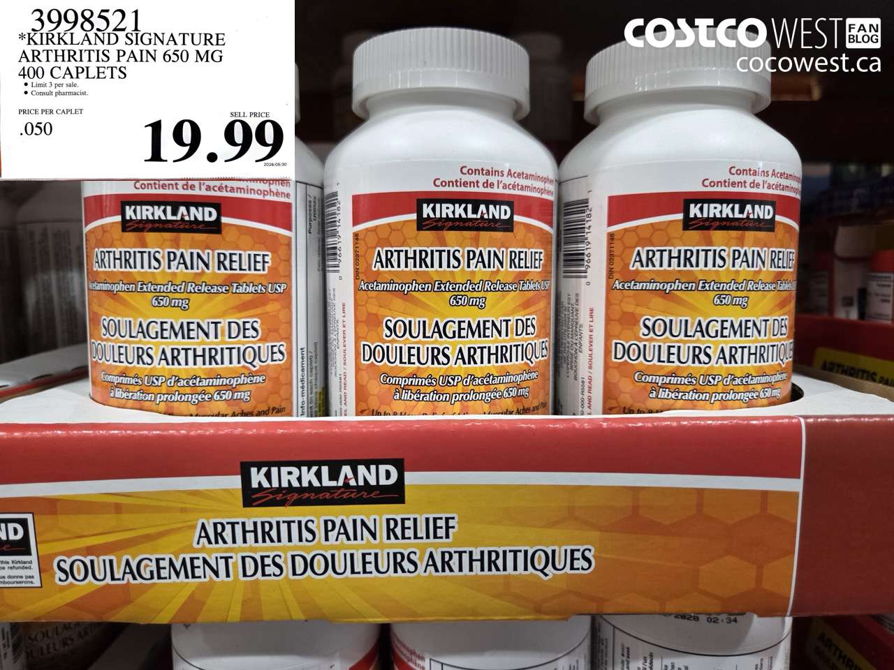 3998521 KIRKLAND SIGNATURE ARTHRITIS PAIN 650 MG 400 CAPLETS $19.99