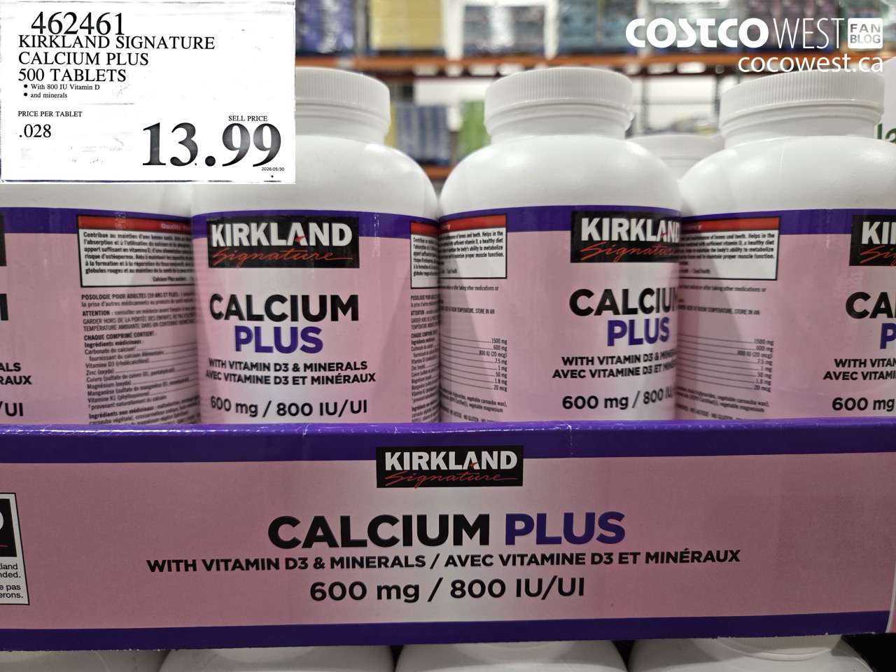 462461 KIRKLAND SIGNATURE CALCIUM PLUS 500 TABLETS $13.99