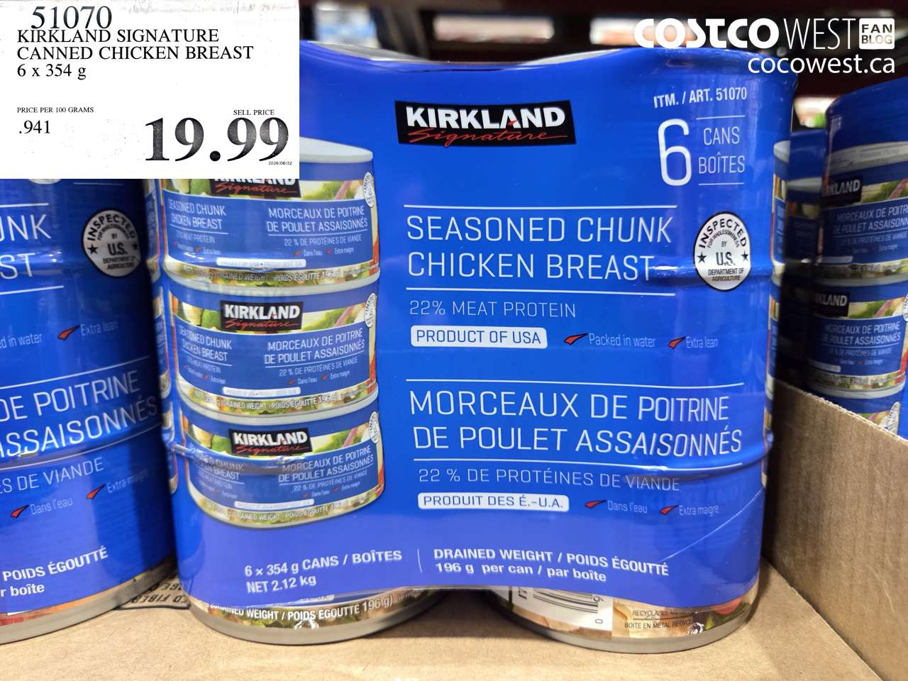 51070 KIRKLAND SIGNATURE CANNED CHICKEN BREAST 6 X 354 G $19.99