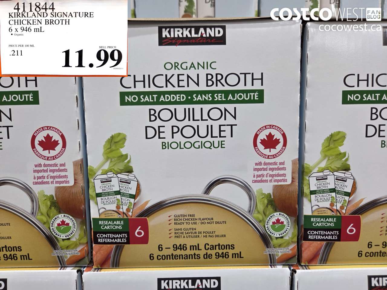 411844 KIRKLAND SIGNATURE CHICKEN BROTH 6 X 946 ML $11.99