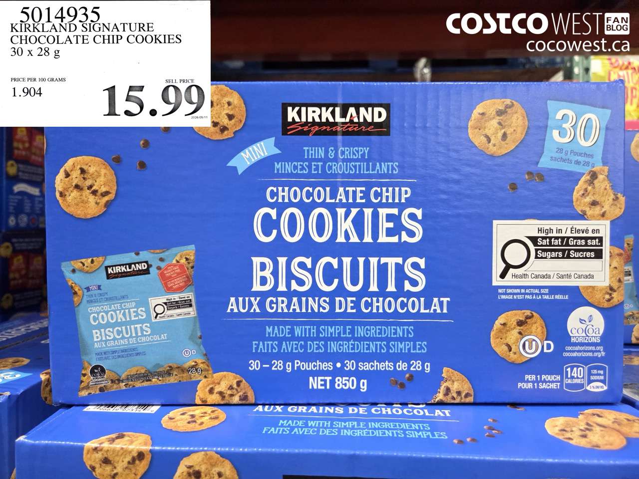 5014935 KIRKLAND SIGNATURE CHOCOLATE CHIP COOKIES 30 X 28 G $15.99