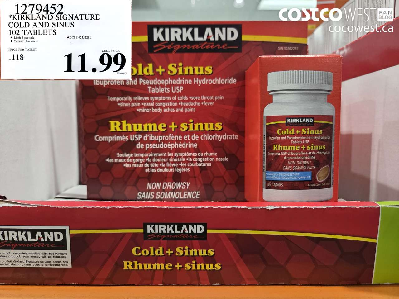 1279452 KIRKLAND SIGNATURE COLD AND SINUS 102 TABLETS $11.99
