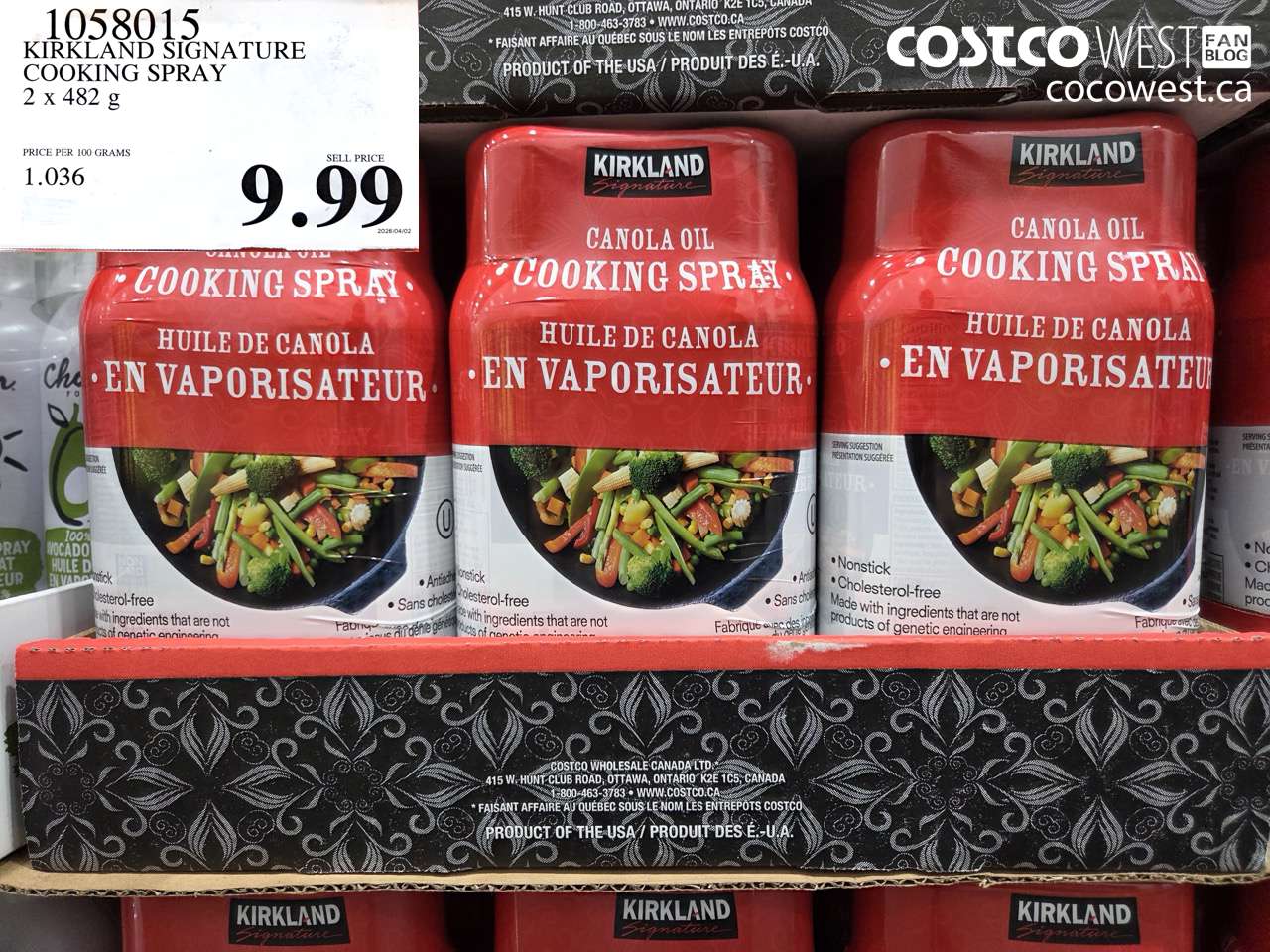 1058015 KIRKLAND SIGNATURE COOKING SPRAY 2 X 482 G $9.99
